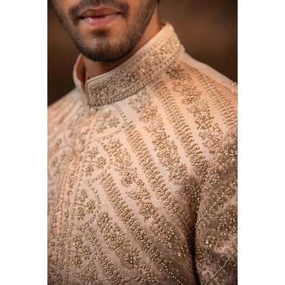 CHAR CHAAND Celestial Peach Aari and Zardozi Sherwani with Kurta and Churidar with Stole
