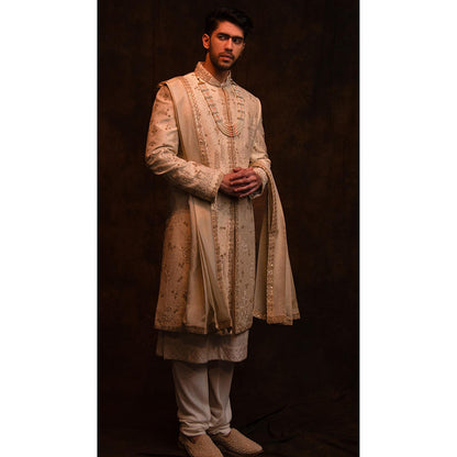 CHAR CHAAND Enchanted Ivory Floral Beaded Sherwani with Kurta and Churidar with Stole