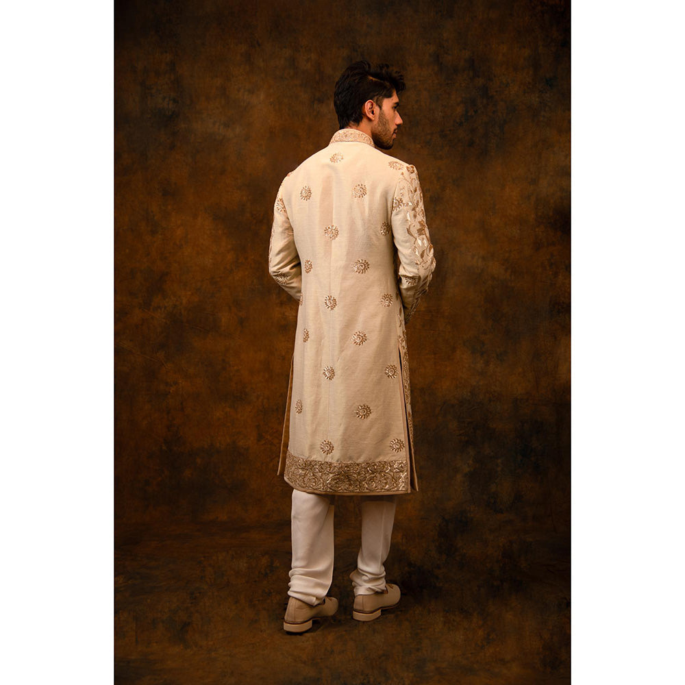 CHAR CHAAND Majestic Ivory Golden Sherwani with Kurta and Churidar with Stole