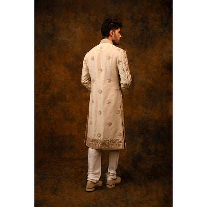 CHAR CHAAND Majestic Ivory Golden Sherwani with Kurta and Churidar with Stole