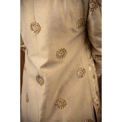 CHAR CHAAND Majestic Ivory Golden Sherwani with Kurta and Churidar with Stole