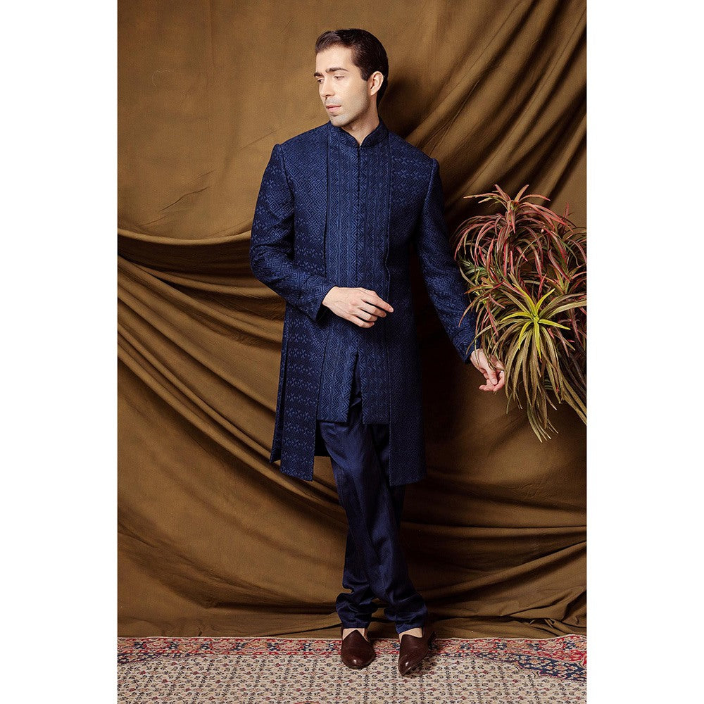 CHAR CHAAND Blue Geometric Embroidered Sherwani with Churidar
