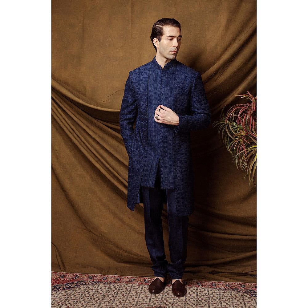CHAR CHAAND Blue Geometric Embroidered Sherwani with Churidar