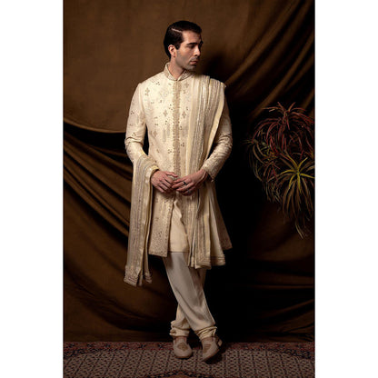 CHAR CHAAND Ivory Majesty Beadwork Sherwani with Kurta and Churidar with Stole