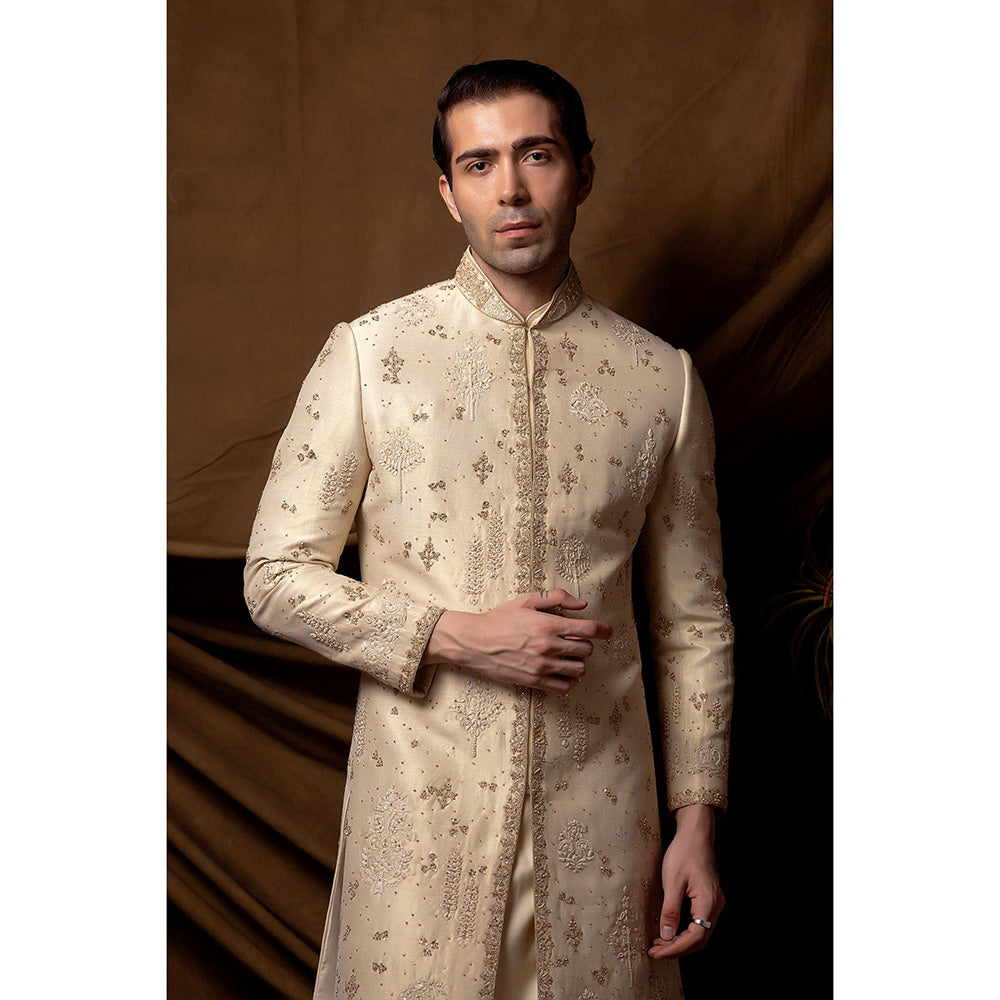 CHAR CHAAND Ivory Majesty Beadwork Sherwani with Kurta and Churidar with Stole