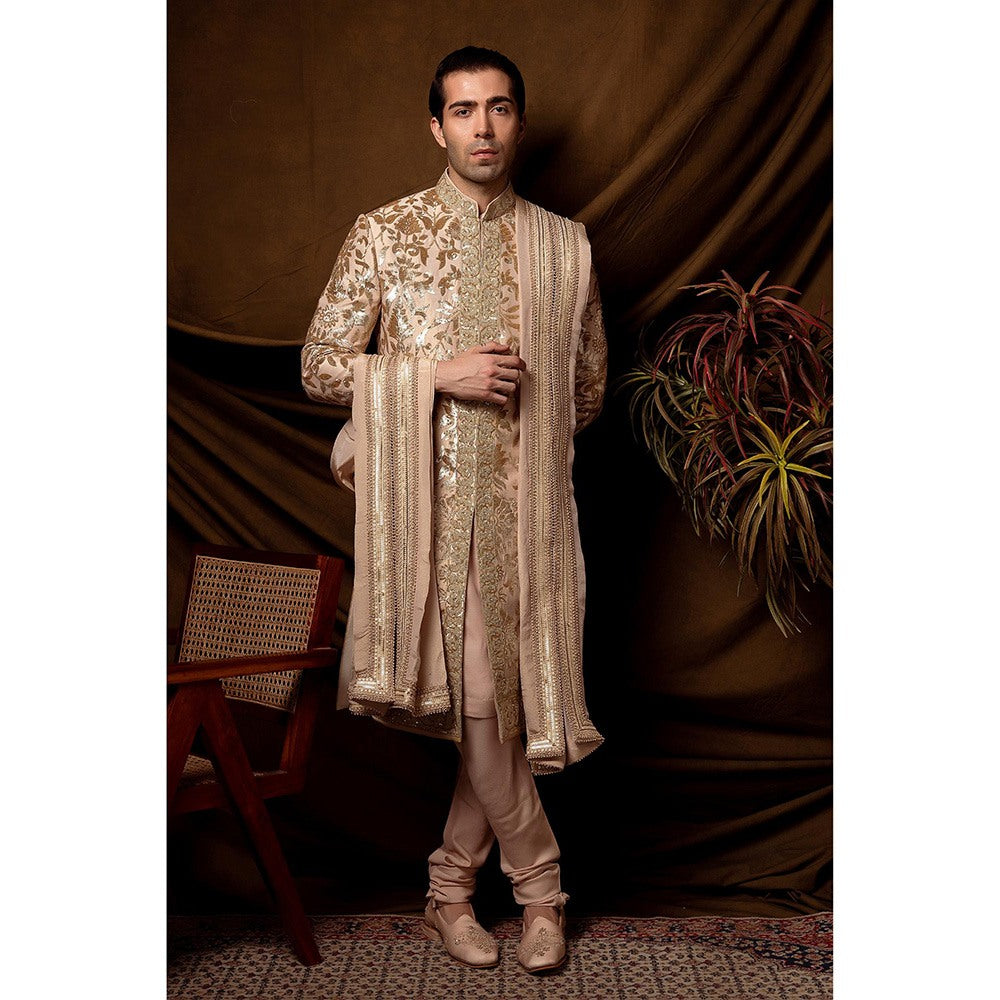 CHAR CHAAND Majestic Peach Golden Sherwani with Kurta and Churidar with Stole