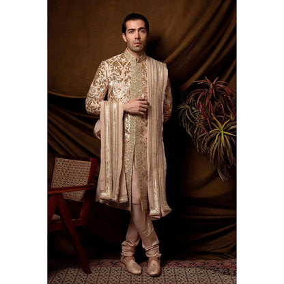 CHAR CHAAND Majestic Peach Golden Sherwani with Kurta and Churidar with Stole