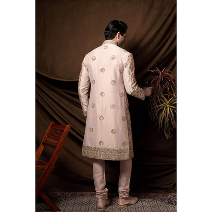 CHAR CHAAND Majestic Peach Golden Sherwani with Kurta and Churidar with Stole