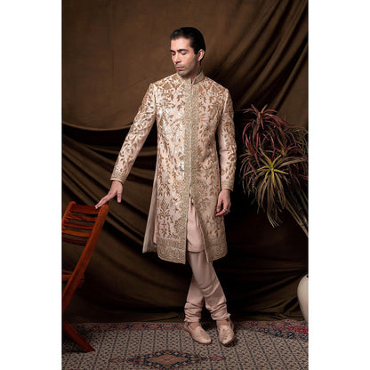 CHAR CHAAND Majestic Peach Golden Sherwani with Kurta and Churidar with Stole