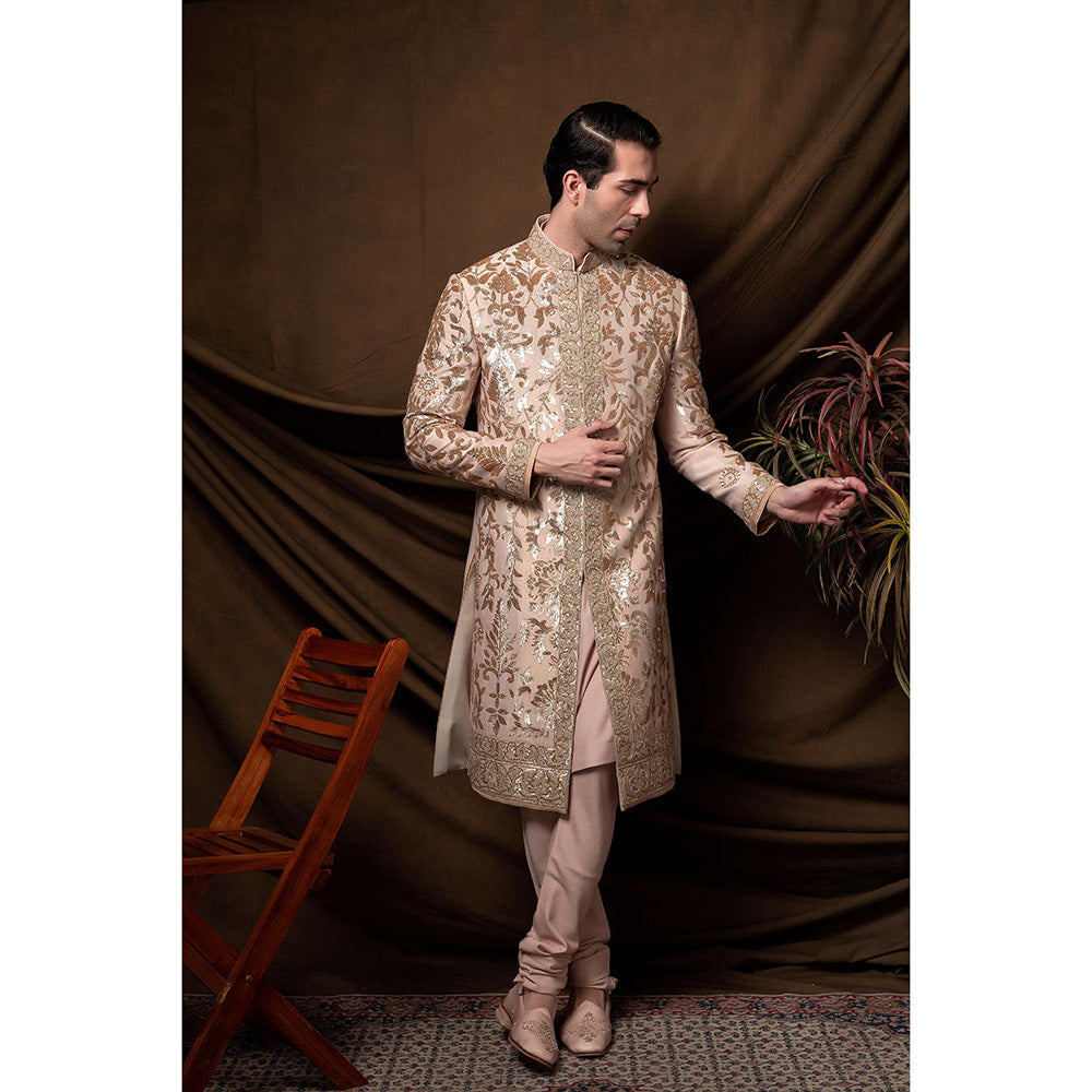 CHAR CHAAND Majestic Peach Golden Sherwani with Kurta and Churidar with Stole