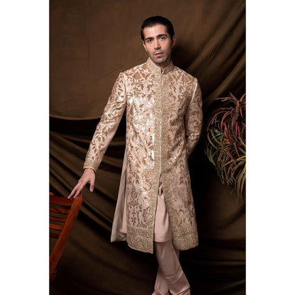 CHAR CHAAND Majestic Peach Golden Sherwani with Kurta and Churidar with Stole