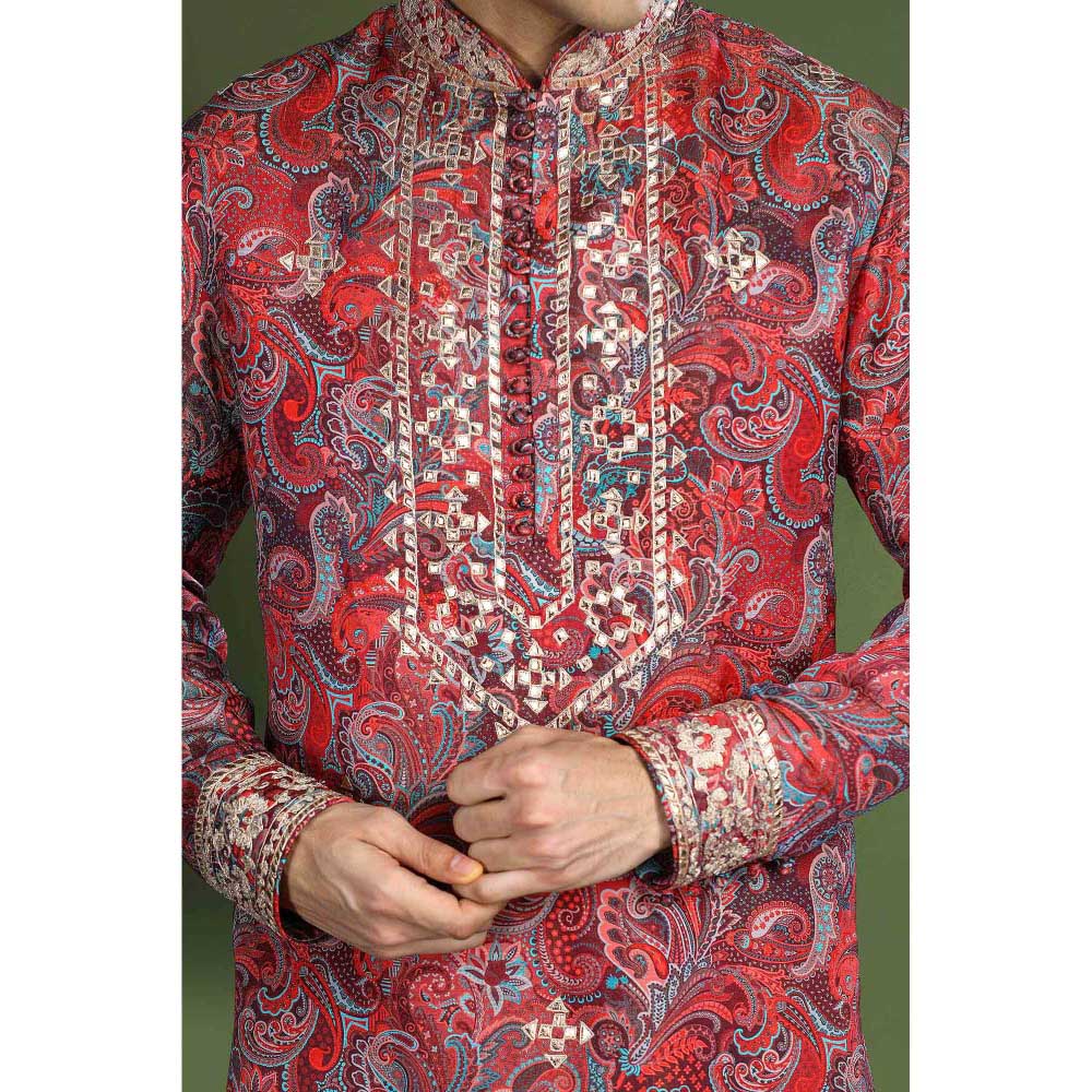 CHAR CHAAND Crimson Red Embroidered Kurta for Men