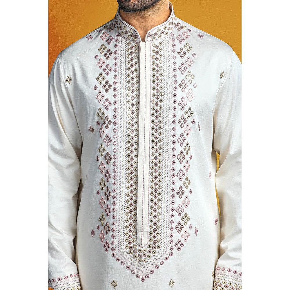 CHAR CHAAND White Mirrored Embroidered Kurta for Men