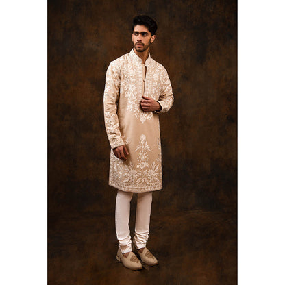 CHAR CHAAND Beige Bloom Linen Silk Kurta for Men