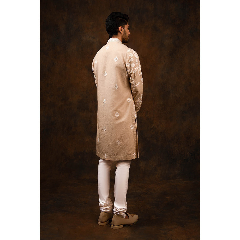 CHAR CHAAND Beige Bloom Linen Silk Kurta for Men