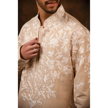 CHAR CHAAND Beige Bloom Linen Silk Kurta for Men