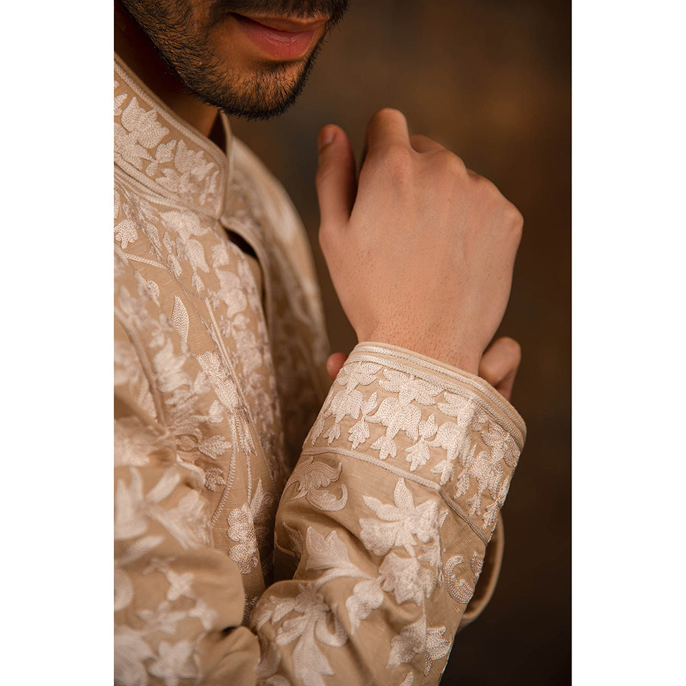 CHAR CHAAND Beige Bloom Linen Silk Kurta for Men