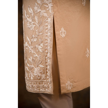 CHAR CHAAND Beige Bloom Linen Silk Kurta for Men