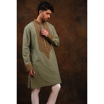 CHAR CHAAND Granite Green Elegance Embroidered Kurta for Men