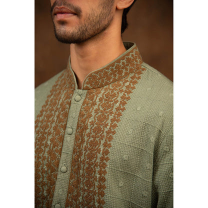 CHAR CHAAND Granite Green Elegance Embroidered Kurta for Men