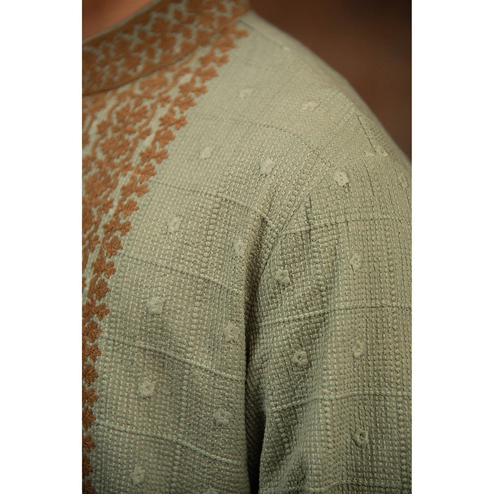 CHAR CHAAND Granite Green Elegance Embroidered Kurta for Men