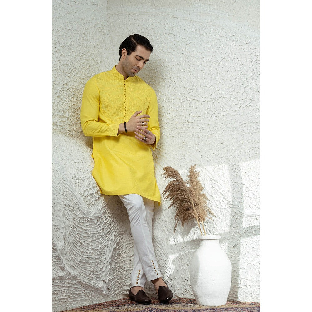 CHAR CHAAND Canary Yellow Embroidered Kurta
