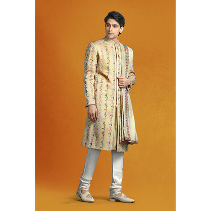 CHAR CHAAND Beige Sherwani Set with Vertical Floral Embroidery