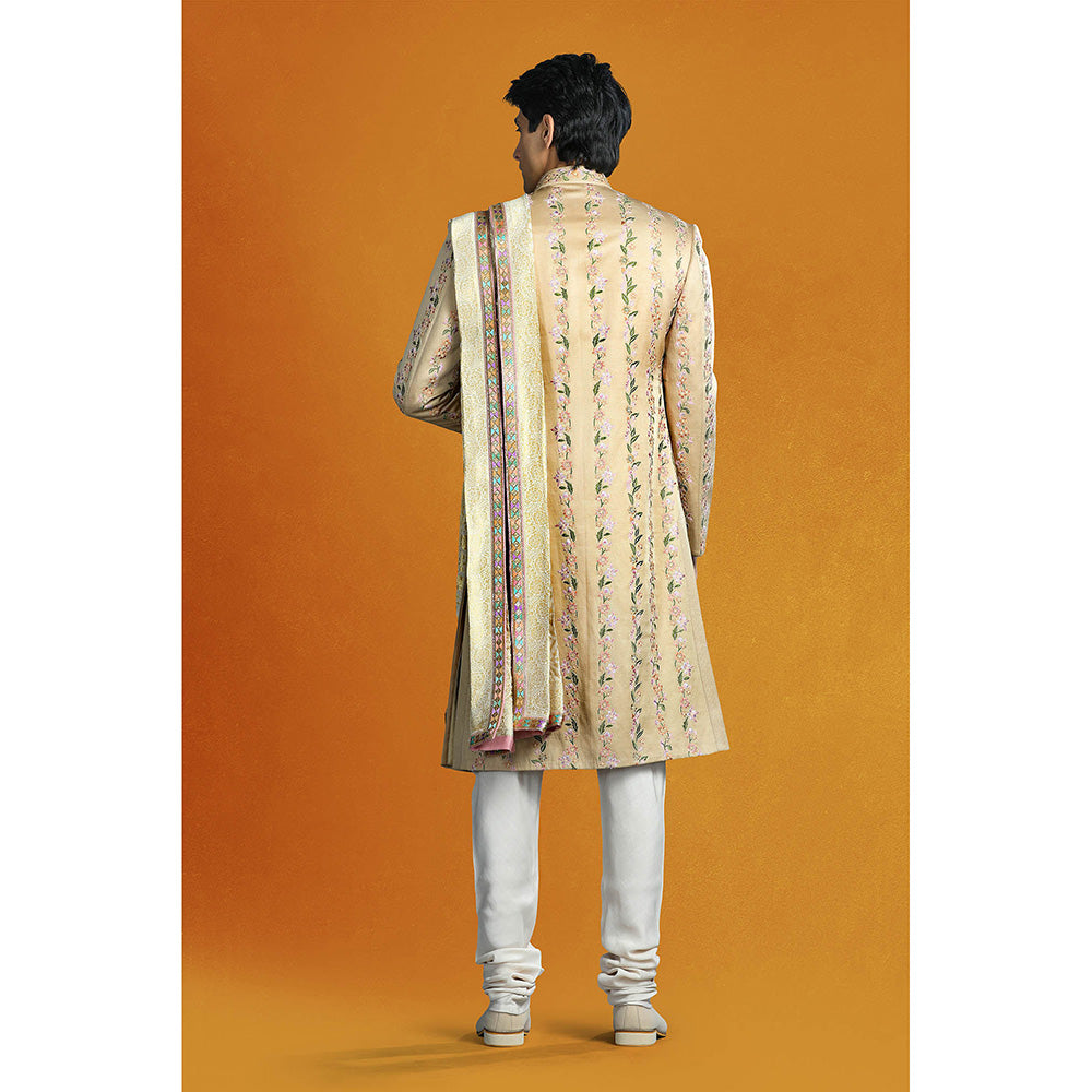 CHAR CHAAND Beige Sherwani Set with Vertical Floral Embroidery