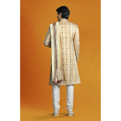 CHAR CHAAND Beige Sherwani Set with Vertical Floral Embroidery