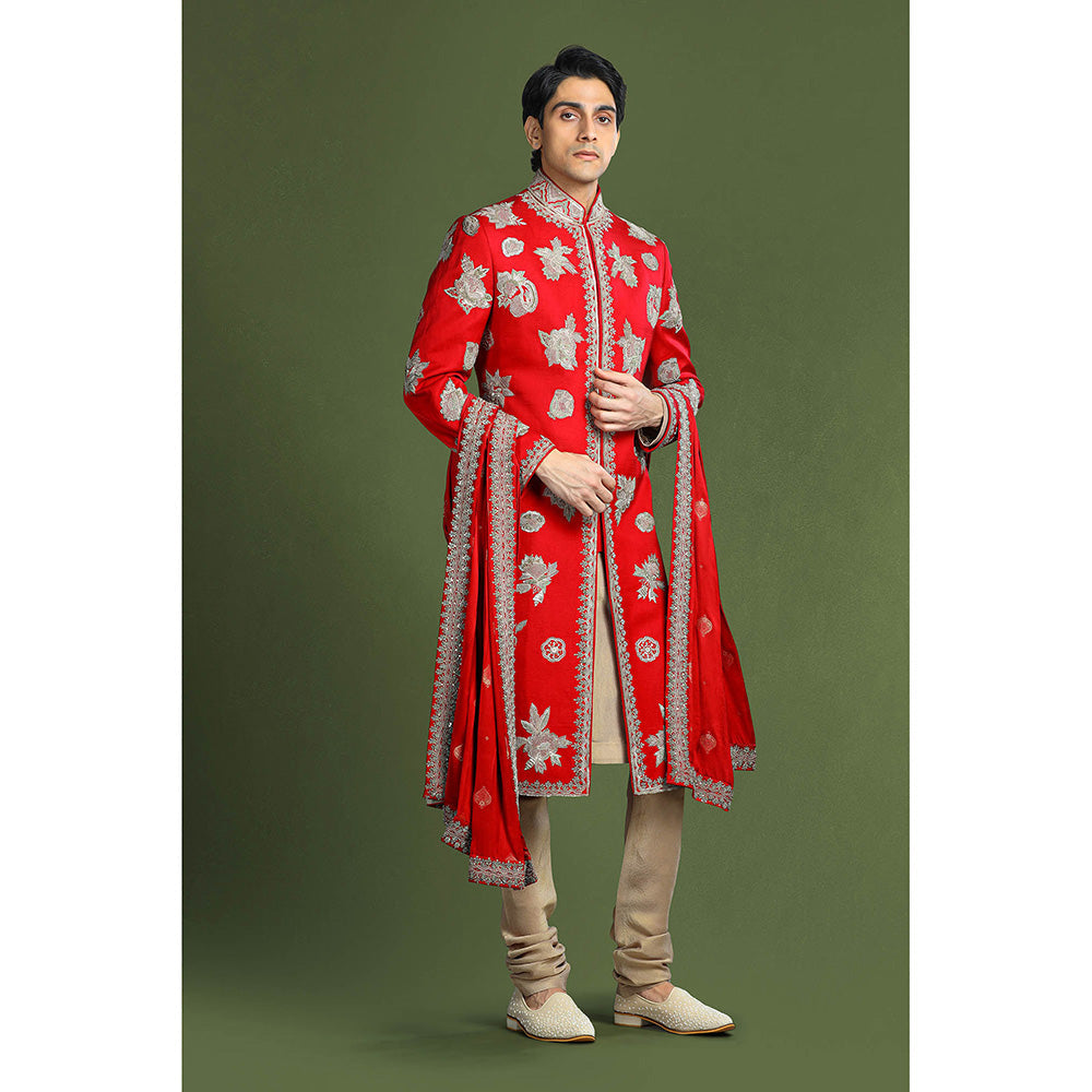CHAR CHAAND Regal Red Sherwani Set with Zardozi and Aari Embroidery