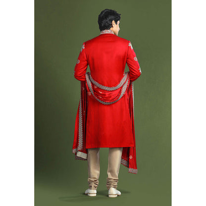 CHAR CHAAND Regal Red Sherwani Set with Zardozi and Aari Embroidery