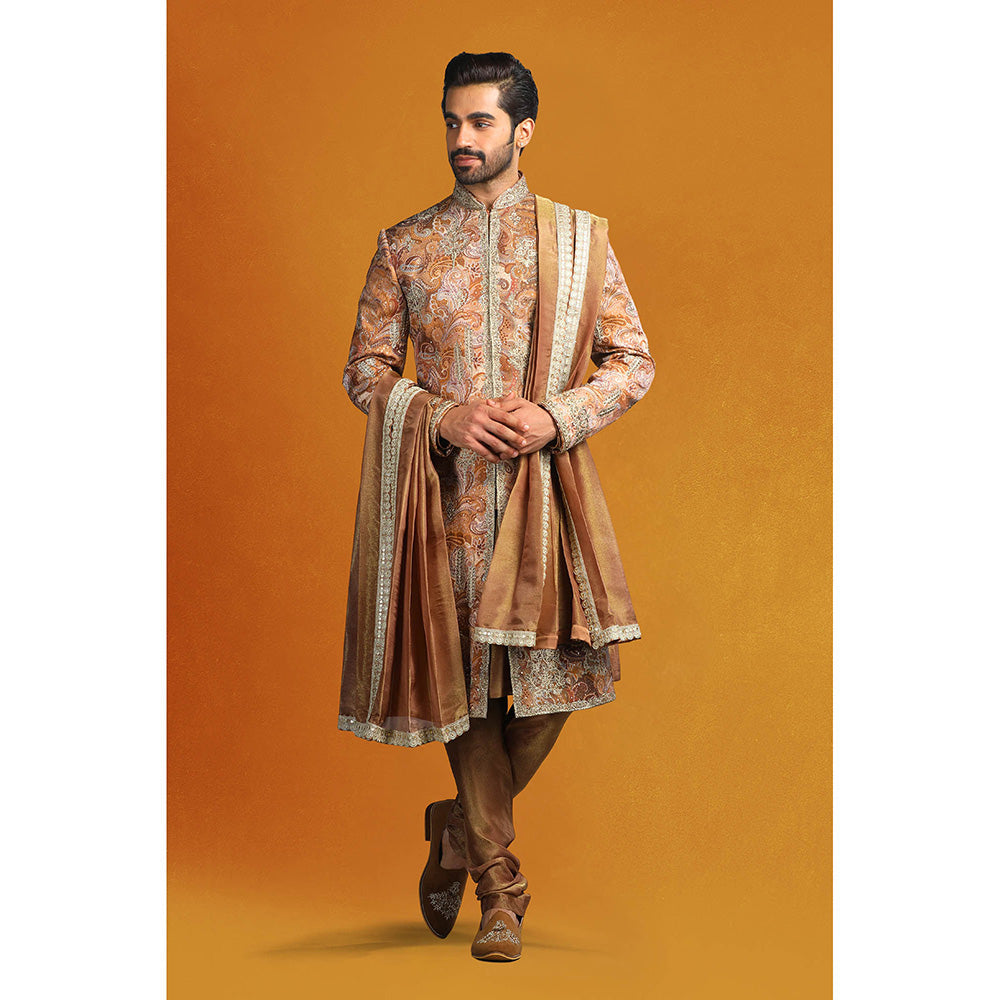 CHAR CHAAND Copper Paisley Sherwani Set with Abstract Floral Motifs