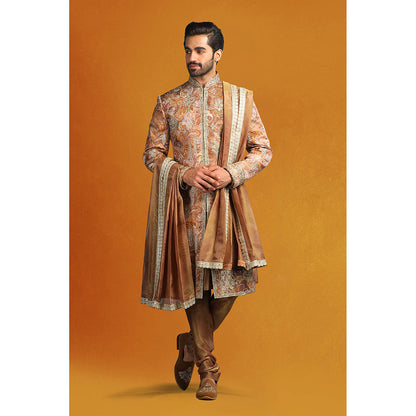 CHAR CHAAND Copper Paisley Sherwani Set with Abstract Floral Motifs