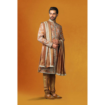 CHAR CHAAND Copper Paisley Sherwani Set with Abstract Floral Motifs