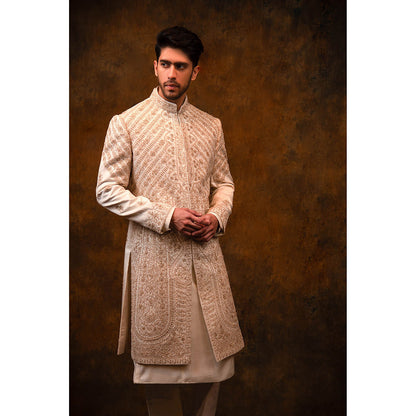 CHAR CHAAND Celestial Cream Sherwani Set with Symmetric Web Handwork