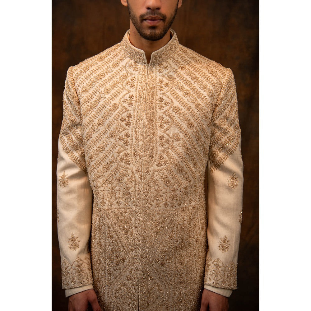 CHAR CHAAND Celestial Cream Sherwani Set with Symmetric Web Handwork