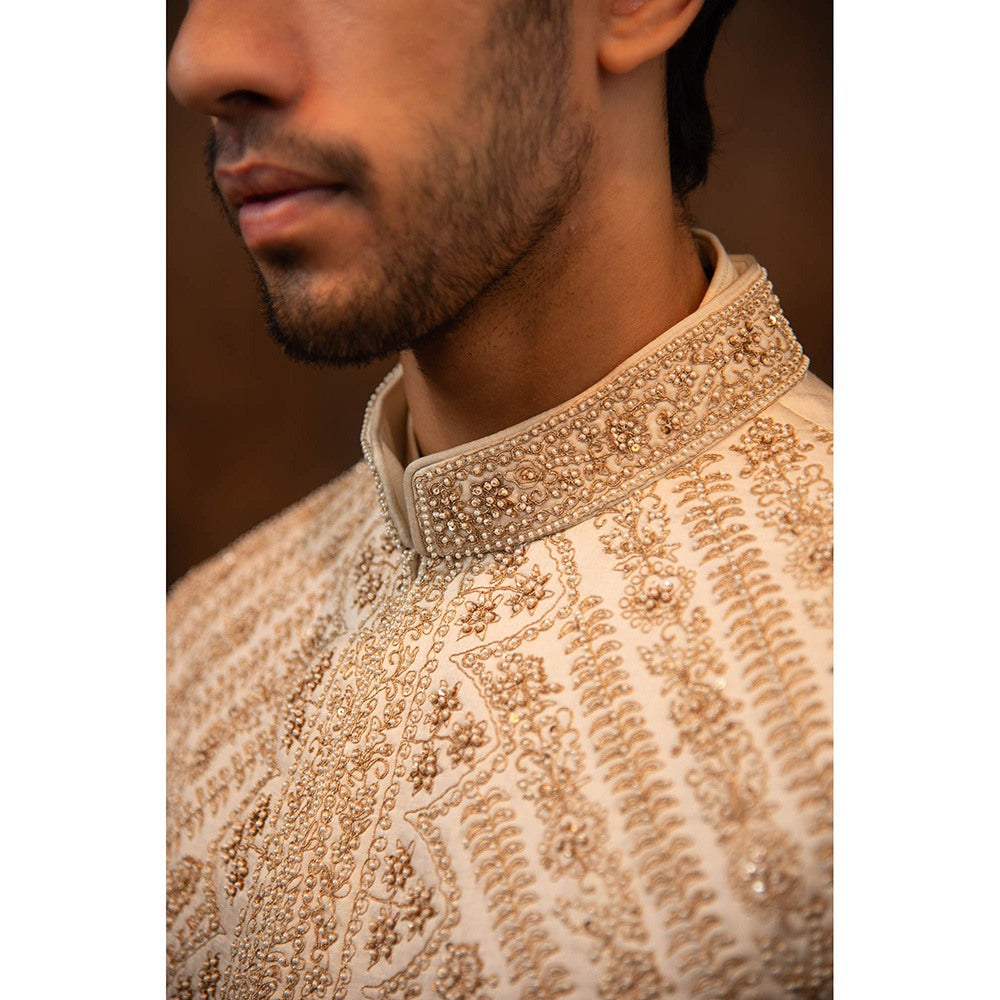 CHAR CHAAND Celestial Cream Sherwani Set with Symmetric Web Handwork