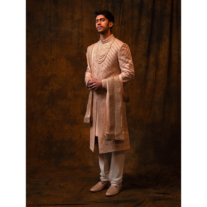 CHAR CHAAND Celestial Peach Sherwani Set with Zardozi and Aari Embroidery