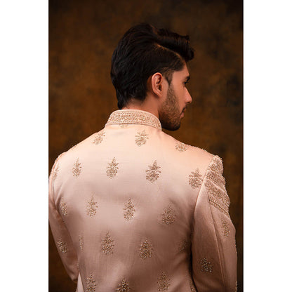 CHAR CHAAND Celestial Peach Sherwani Set with Zardozi and Aari Embroidery