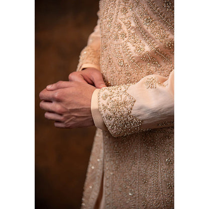 CHAR CHAAND Celestial Peach Sherwani Set with Zardozi and Aari Embroidery