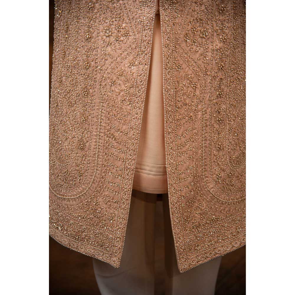 CHAR CHAAND Celestial Peach Sherwani Set with Zardozi and Aari Embroidery