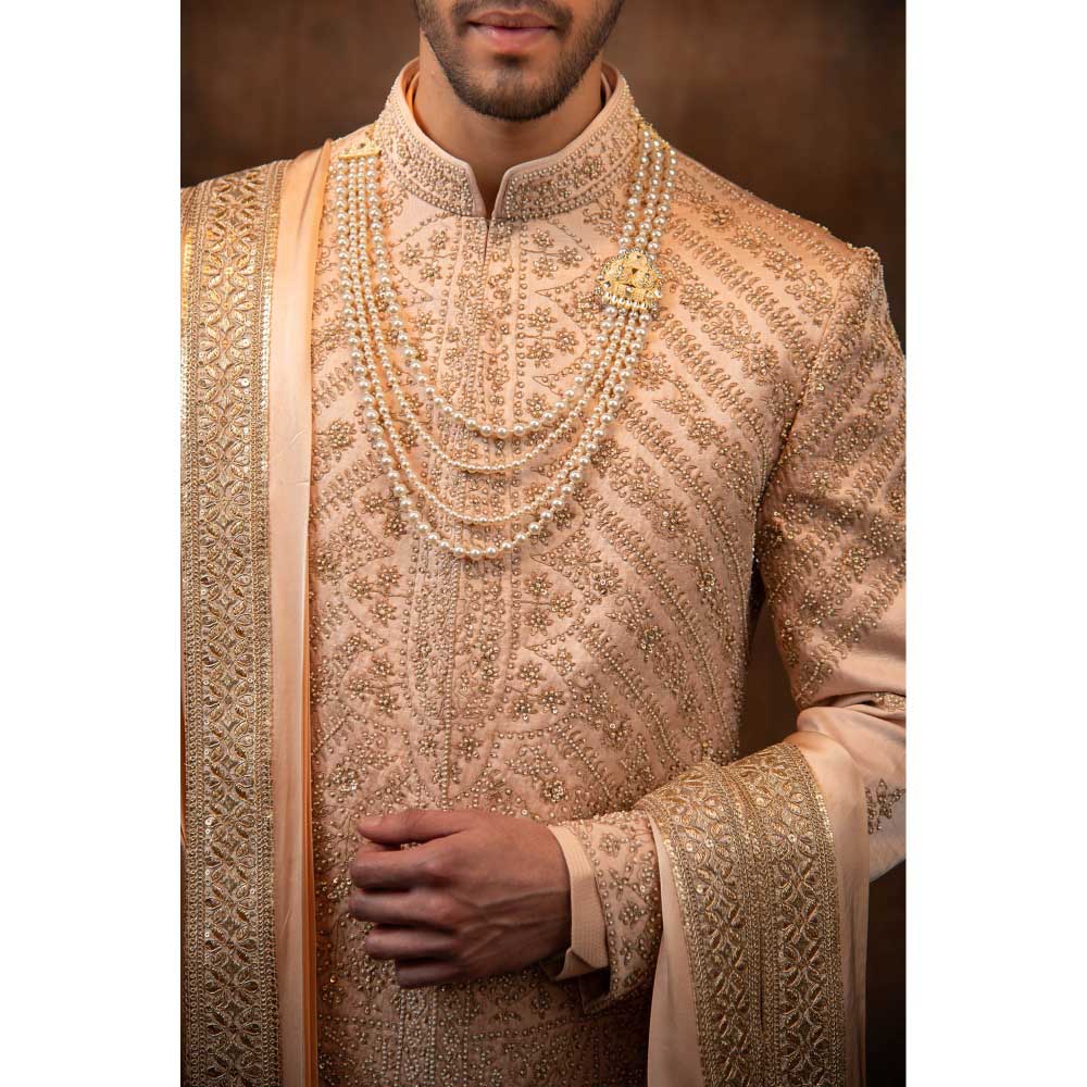 CHAR CHAAND Celestial Peach Sherwani Set with Zardozi and Aari Embroidery