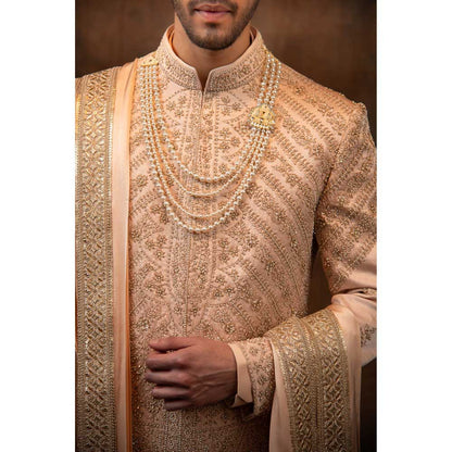 CHAR CHAAND Celestial Peach Sherwani Set with Zardozi and Aari Embroidery