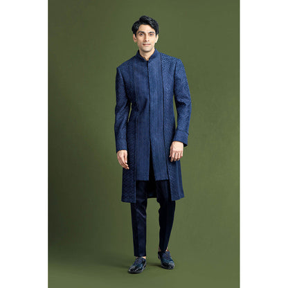 CHAR CHAAND Blue Geometric Embroidered Sherwani Set