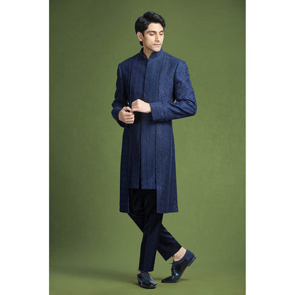 CHAR CHAAND Blue Geometric Embroidered Sherwani Set