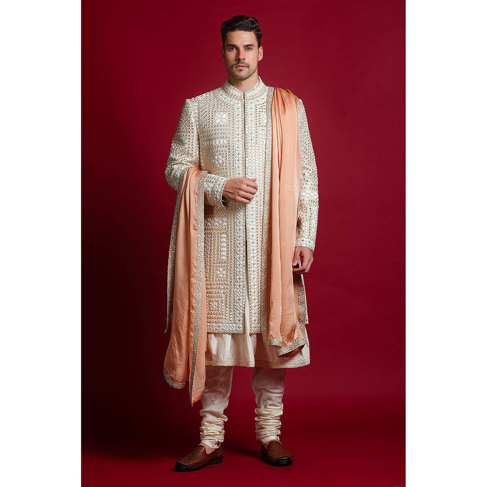 CHAR CHAAND White Mirror Embellished Sherwani Set