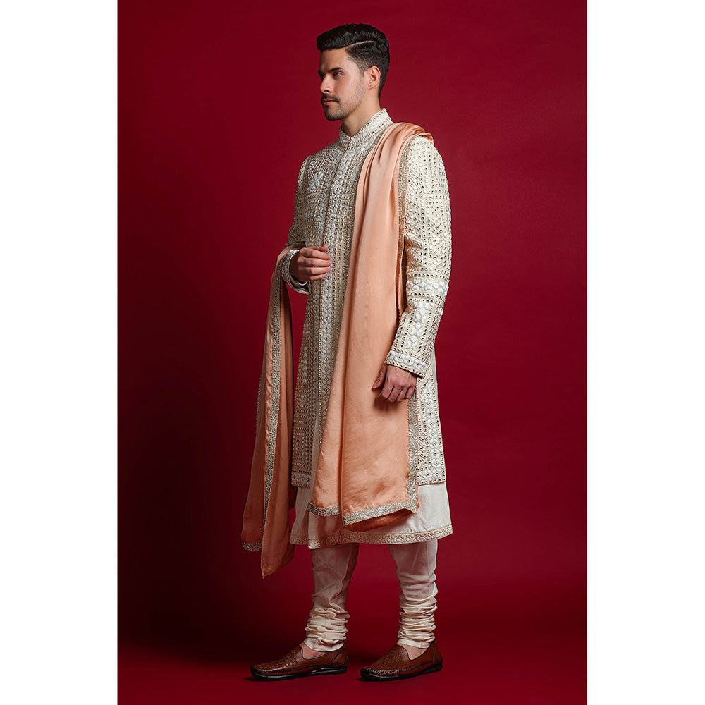 CHAR CHAAND White Mirror Embellished Sherwani Set