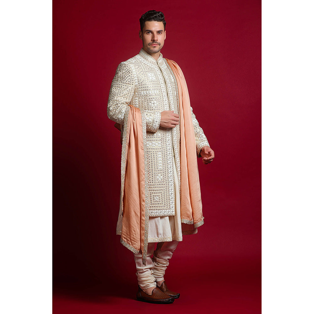 CHAR CHAAND White Mirror Embellished Sherwani Set