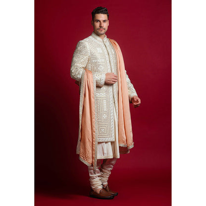 CHAR CHAAND White Mirror Embellished Sherwani Set