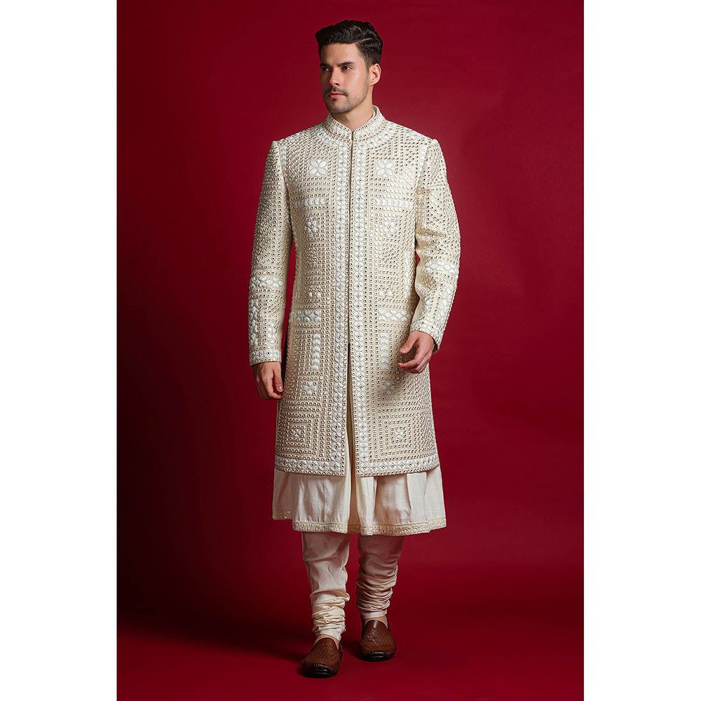 CHAR CHAAND White Mirror Embellished Sherwani Set